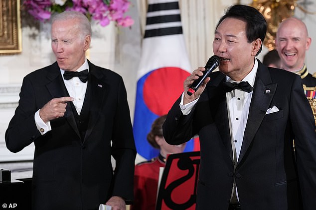 South Korean President Yoon Suk-yeol closed out Wednesday's state dinner by belting out a verse of the classic song 'American Pie' as President Joe Biden stood beside him