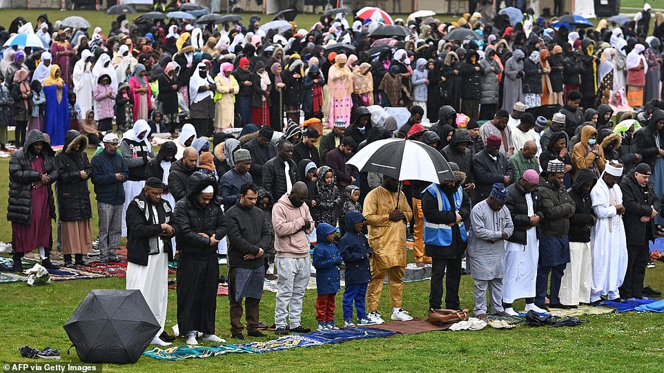 UNITED KINGDOM: Muslim worshippers pray in Burgess Park, southeast London, on Friday on the first day of Eid al-Fitr