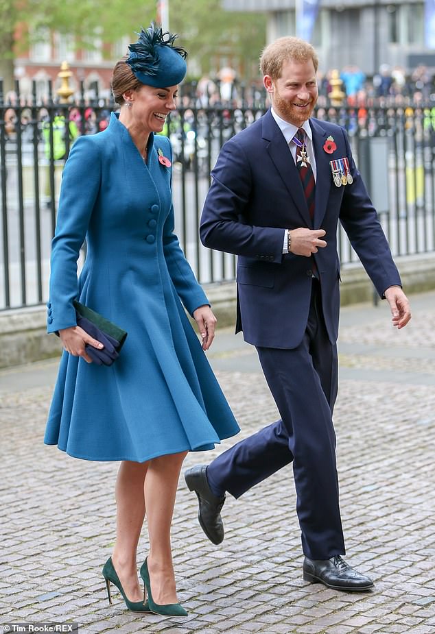 Prince Harry once described her as the sister he never had - but his relationship with Kate Middleton is far from what it once was (pictured, at the Anzac Day service in March 2019)