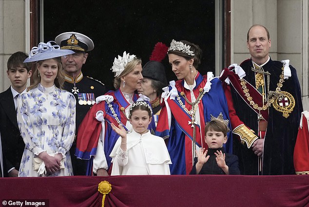 Lip reader Jacqui Press has caught sweet interactions between the royals during today's pivotal moments.' Pictured L-R: Vice Admiral Sir Tim Laurence, Duchess of Edinburgh, Princess Charlotte, Princess of Wales, Prince Louis, Prince of Wales, a page of honour, Prince George on the balcony of Buckingham Palace this afternoon