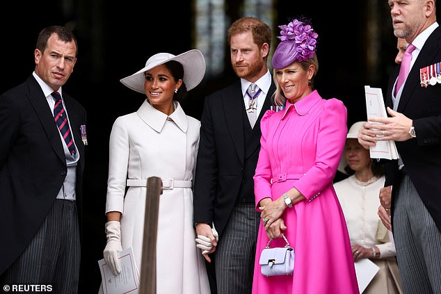 With Prince Harry set to attend King Charles' Coronation solo, it's likely he will be keen to rely on a number of royal family members in order to keep him company (pictured, with Peter Philips, Zara Tindall and Mike Tindall at the Queen's Jubilee last year)